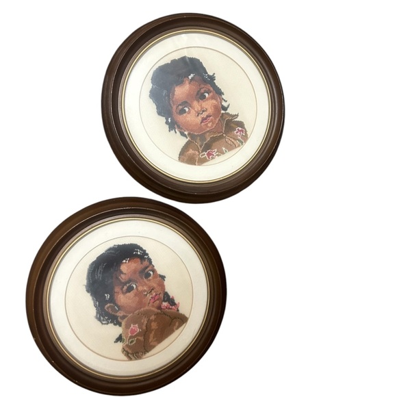 Vintage Needlepoint Portraits in Brown Frames - Picture 1 of 9